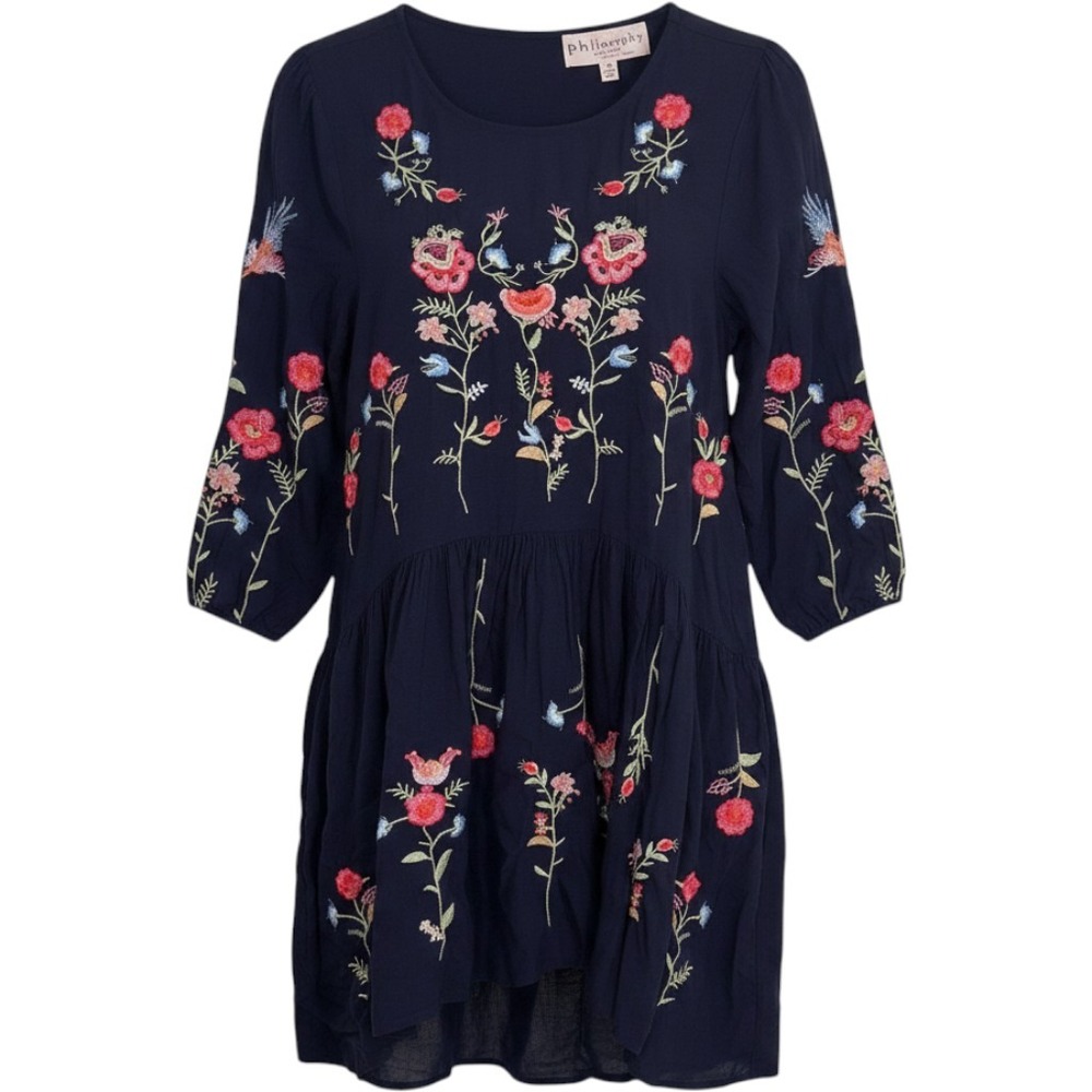 Philosophy Womens Dress Petite Sz S Navy‎ Blue Embroidered Floral Boho Babydoll